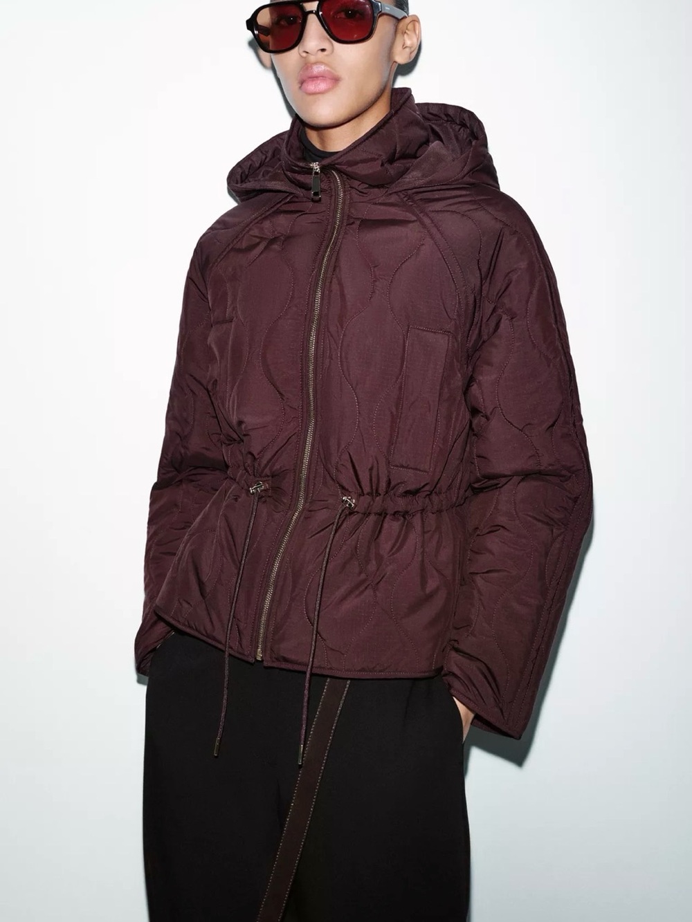 Zara Quilted Hooded Puffer Jacket - Burgundy Water repellent